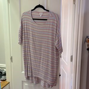 Lula Roe Irma size small. Grey background with pink and light blue stripes.